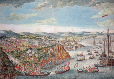 Veduta della presa di Quebec, 13 settembre 1759 (incisione a colori) da English School